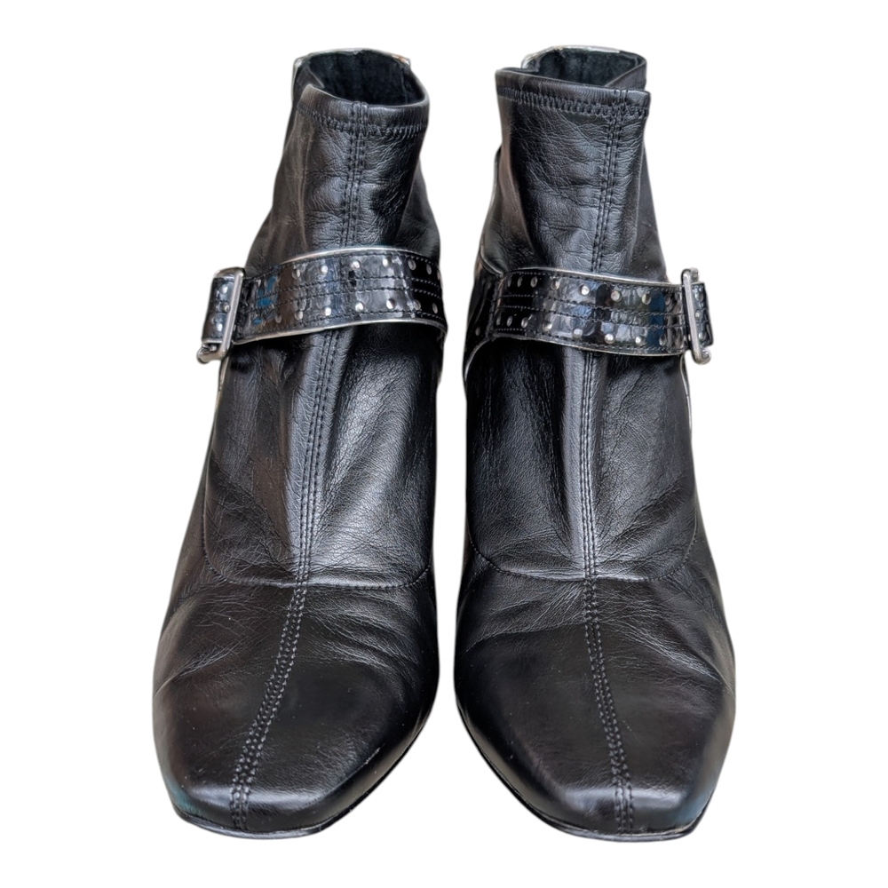 Joan & David Black Leather Heeled Ankle Boots with Studded Strap - Picture 3 of 6
